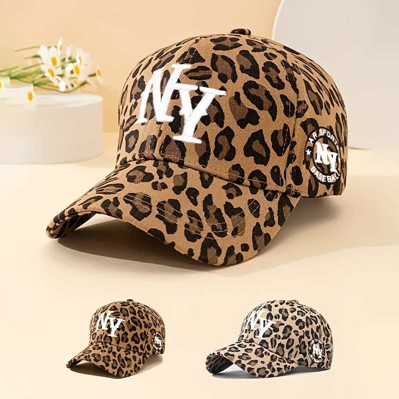 Leopard Print Baseball Cap, Breathable Adjustable Trucker Hat with Embroidered "NY" for Women & Men